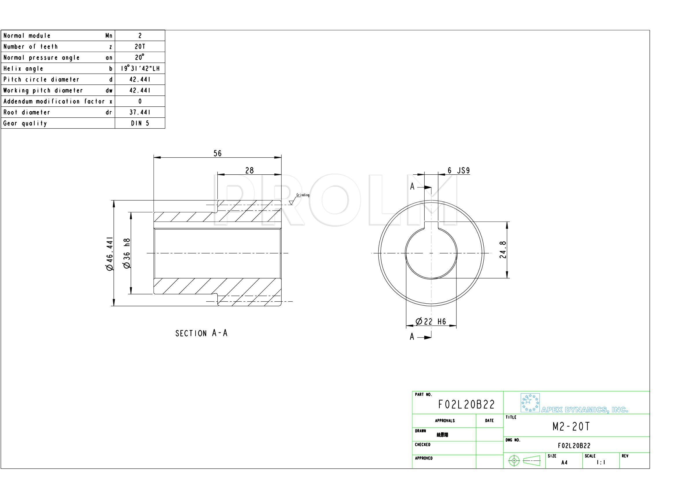 Закаленная косозубая шестерня  APEX F02L20B22