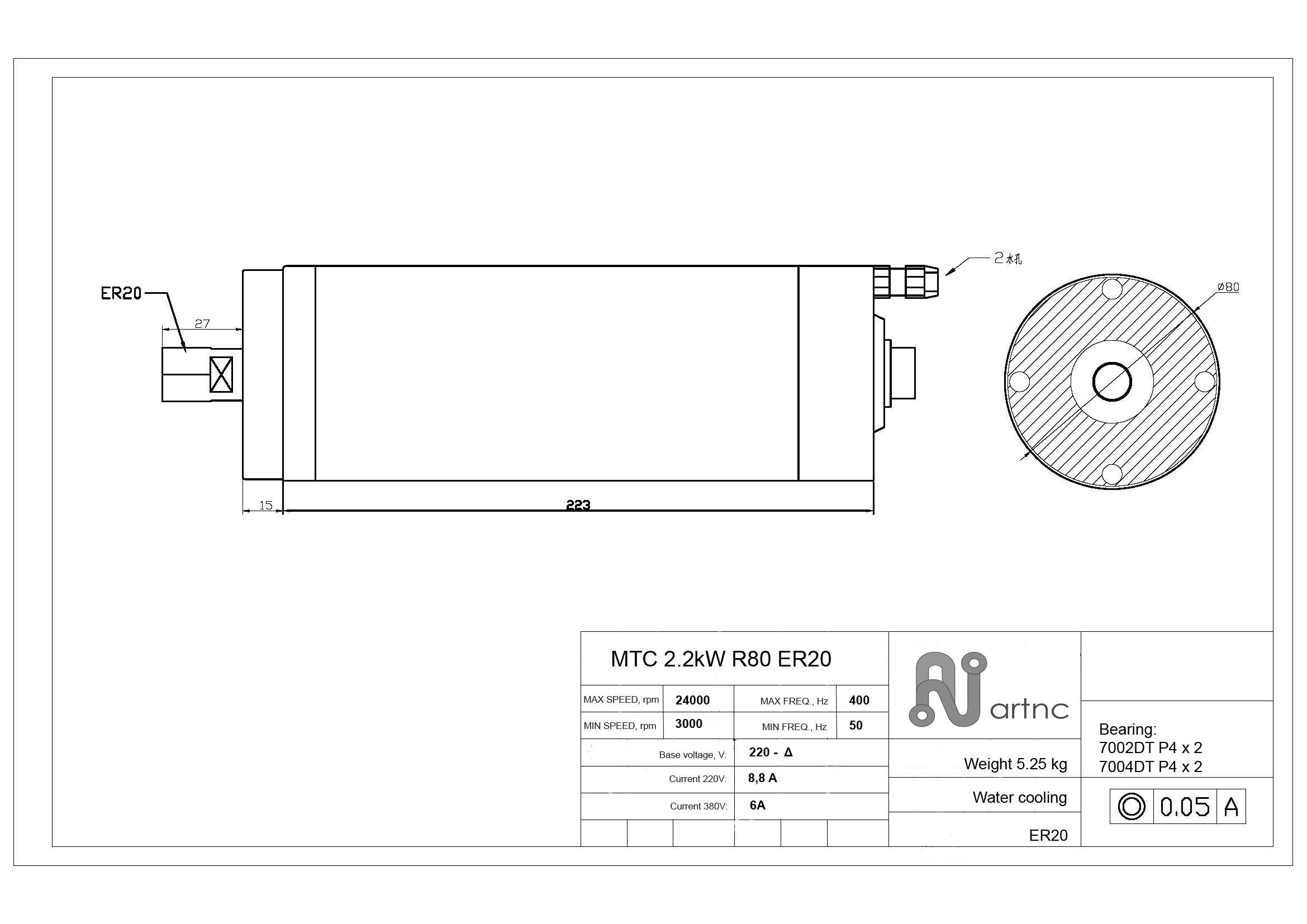 Шпиндель 3,2 кВт  ArtNC MTC 3.2kW R100 ER20